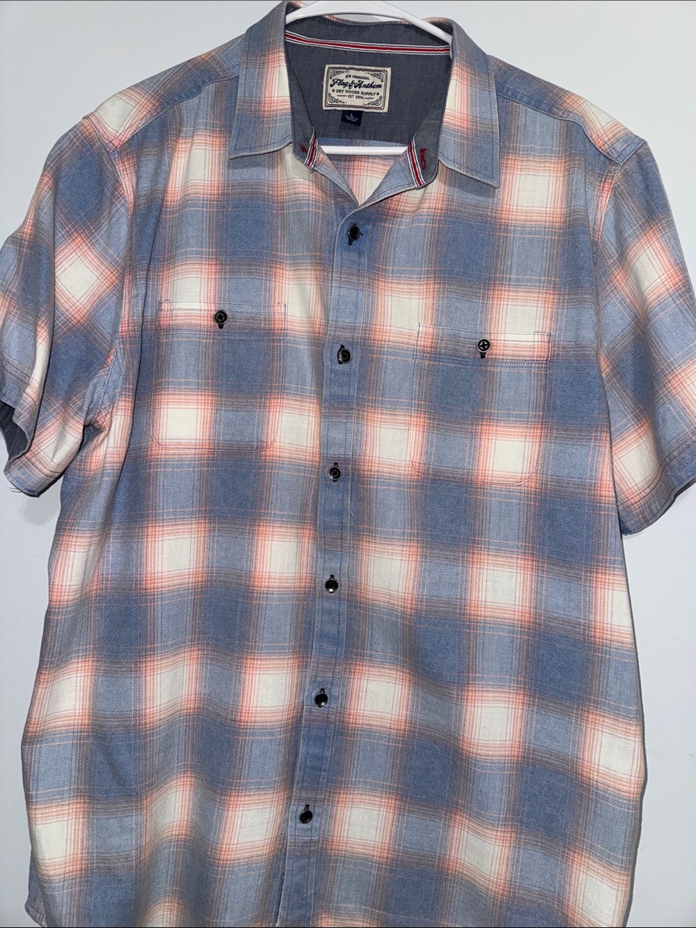 Flag and Anthem Short sleeve Plaid Button-Down Shirt - Blue & Cream with Coral
